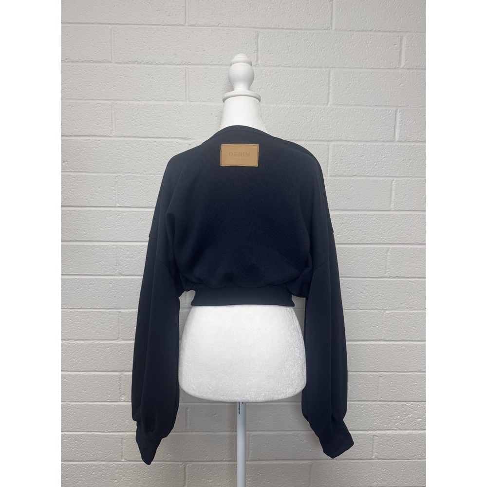 Latte Cropped Button-Front Balloon Sleeve Sweatshirt Navy - Picture 2 of 8